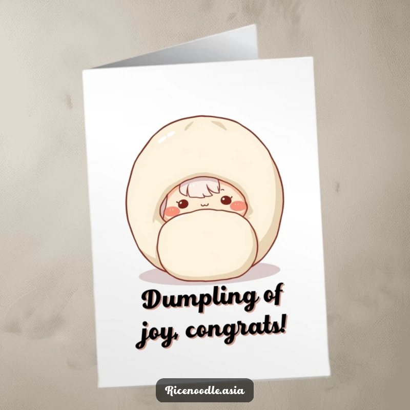 Funny Free Printable Congrats Card: Shy rice noodle hiding behind a large dumpling, rosy cheeks, food duo celebrating.