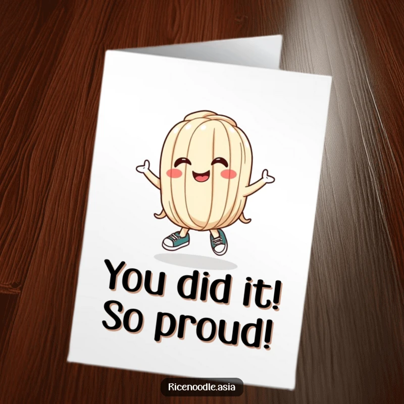 Funny Free Printable Congratulations Card: An udon noodle wearing tiny shoes joyfully bounces to celebrate achievements, making a unique greeting.
