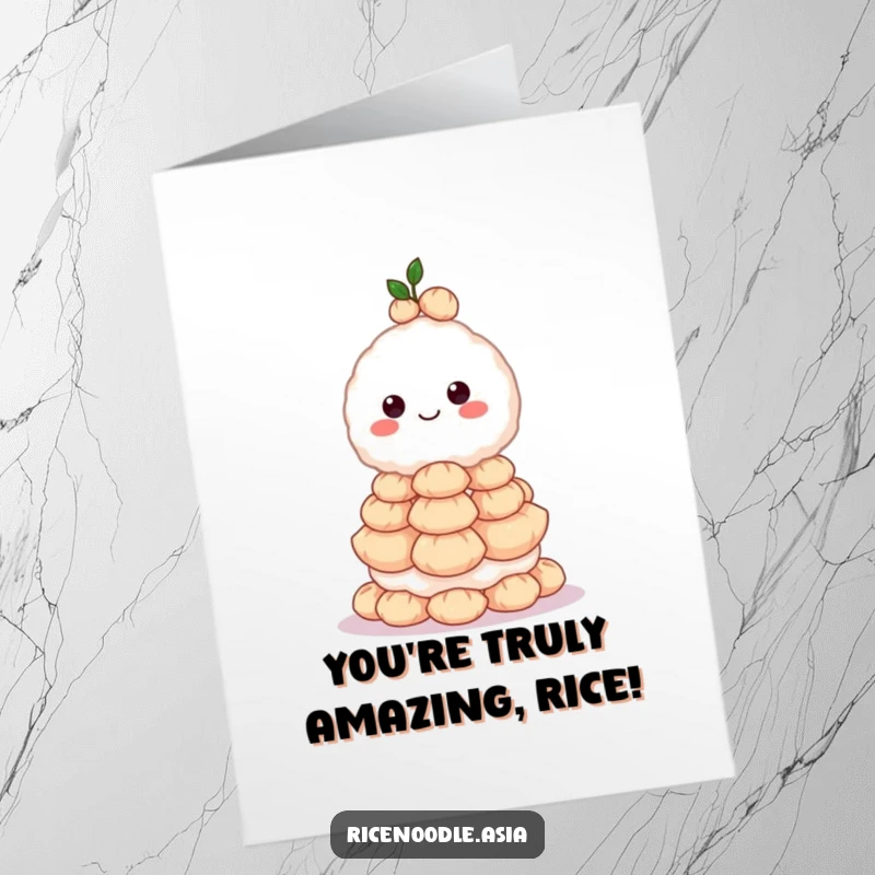 Funny Free Printable Congratulations Card: A grinning rice ball character triumphantly balances a massive stack of miniature dumplings, celebrating success.