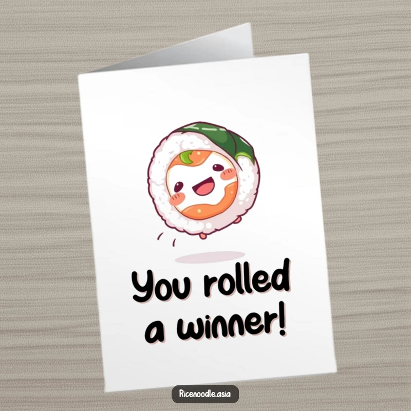 Funny Free Printable Congratulations Card: A sushi roll energetically performs a cartwheel, showing off its nori wrapper in a celebratory pose.