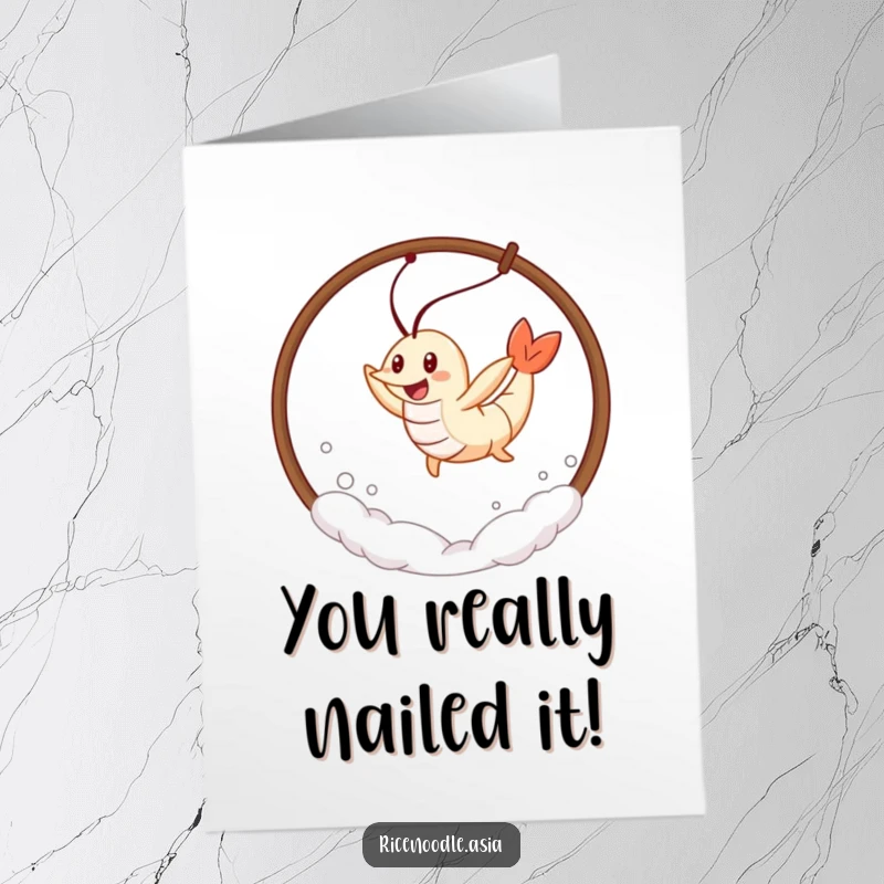 Funny Free Printable Congratulations Card: A tempura shrimp triumphantly leaps through a steam hoop, signifying a successful and exciting achievement.