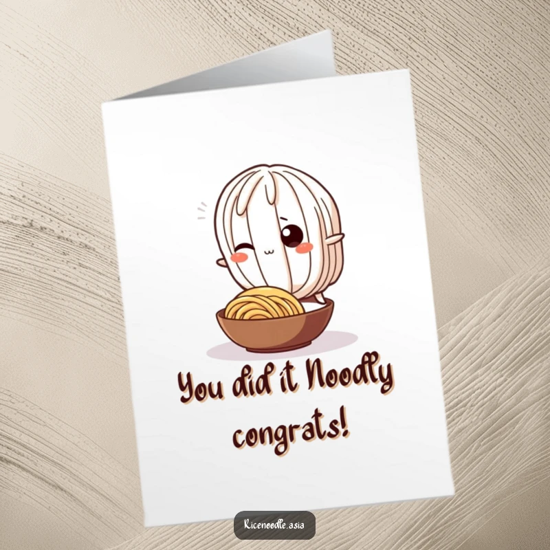 Funny Free Printable Congratulations Card: A wiggling noodle character humorously tripping over another noodle, celebrating success with a laugh.