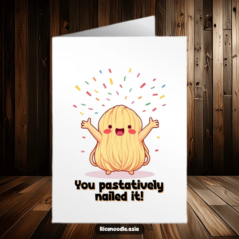 Funny Free Printable Congratulations Card: Whimsical noodle bundle rejoices under a delightful confetti shower, celebrating success humorously.