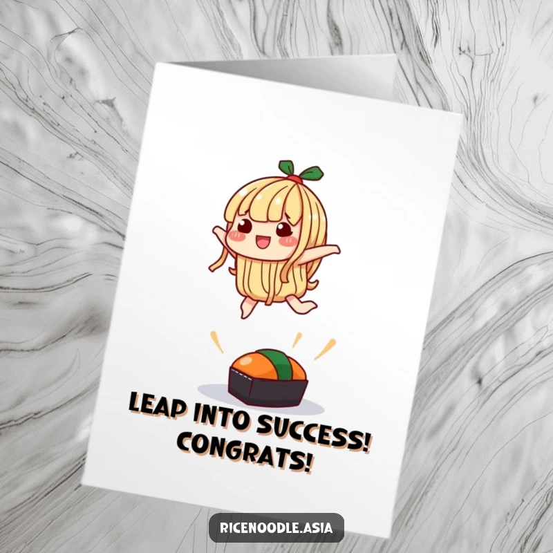Funny Free Printable Congratulations Card: A noodle character hilariously leaps over a small sushi, celebrating a successful move.