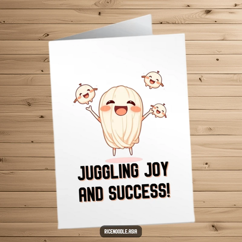 Funny Free Printable Congrats Card: Smiling rice noodle juggling smaller noodles, celebrating success with humor, food art.