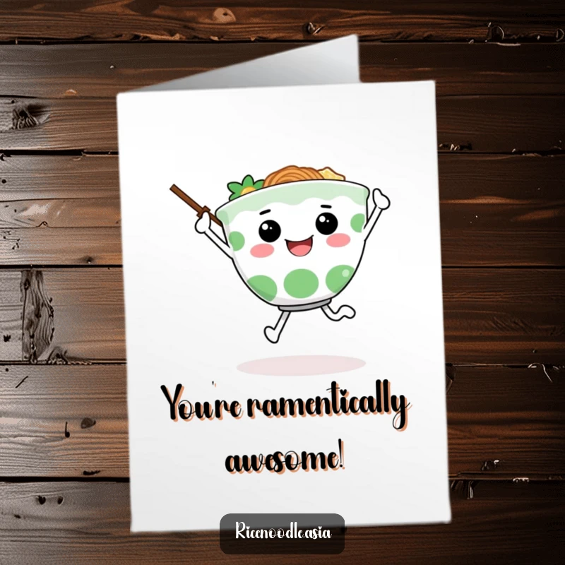Funny Free Printable Congratulations Card: A happy ramen bowl character performs a joyful skip, chopsticks arms flying, celebrating a big win.