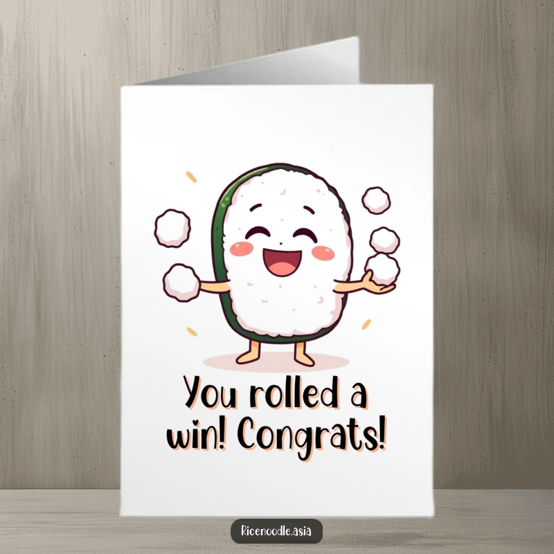 Funny Free Printable Sushi Congratulations Card: A grinning sushi roll character expertly juggling small rice balls, conveying excitement and joy.