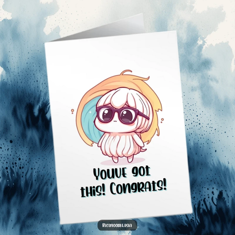 Funny Free Printable Congrats Card featuring a rice noodle character wearing glasses, bewildered by a vortex.