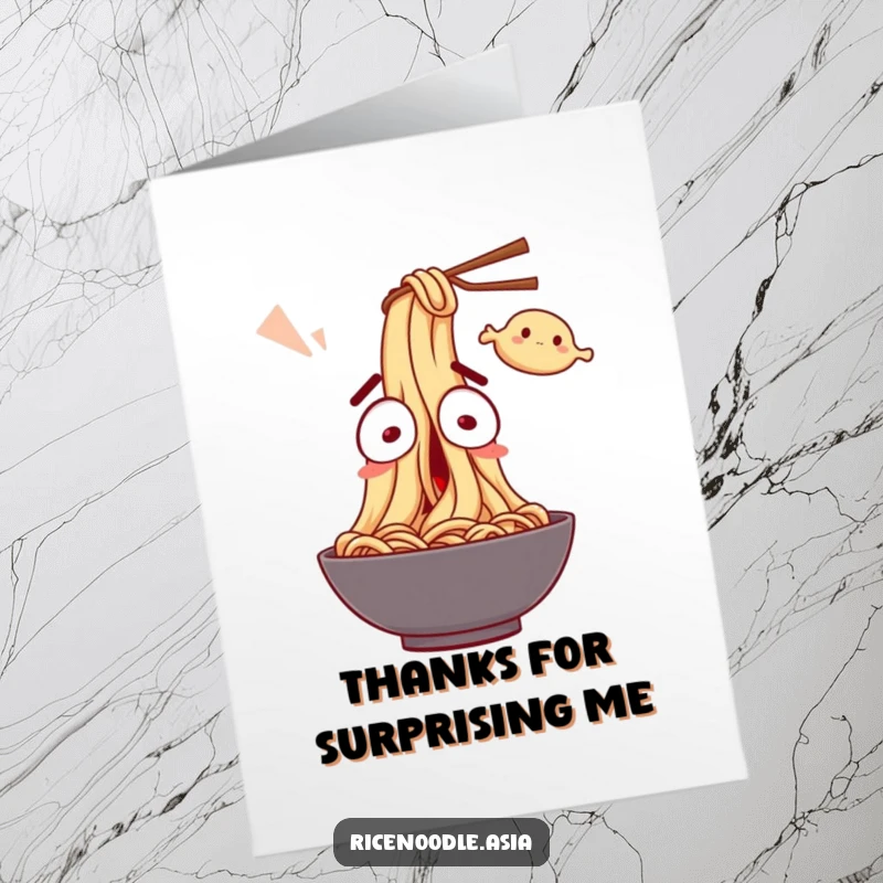 Funny Free Printable Noodle Thank You Card: A surprised noodle character with wide eyes, humorously startled by a flying dumpling.