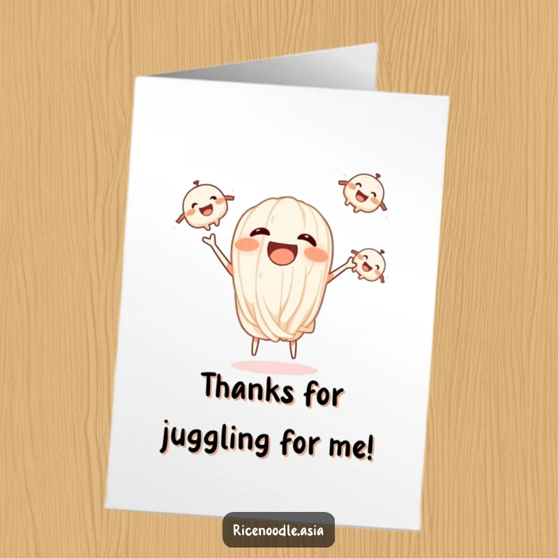 Funny Free Printable Thank You Card: Happy noodle juggling smaller noodles, colorful food art, expressing thanks playfully.