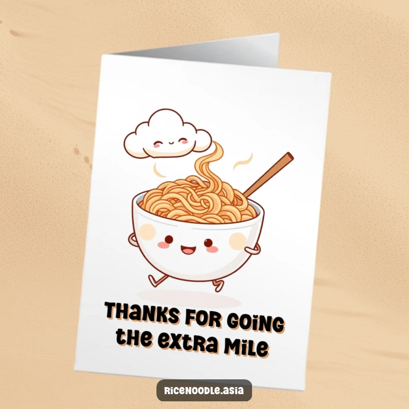 Funny Free Printable Thank You Card: Tiny-legged rice noodles jog past a smiling cloud, delivering thanks with cheer.