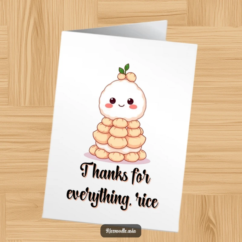 Funny Free Printable Thank You Card: A grinning rice ball character juggles an impressively tall stack of miniature dumplings, expressing thanks.
