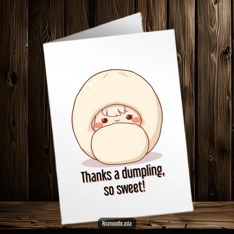 Funny Free Printable Thank You Card: Shy noodle peeking from behind a dumpling, blushing, cute food character saying thanks.