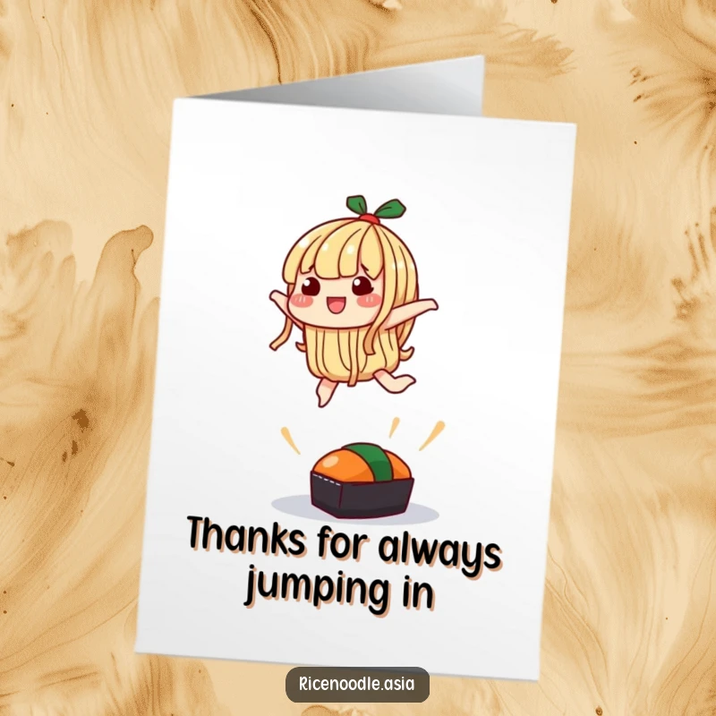 Funny Free Printable Noodle Thank You Card: A noodle character performs a silly jump over a small sushi, sending thanks with humor.