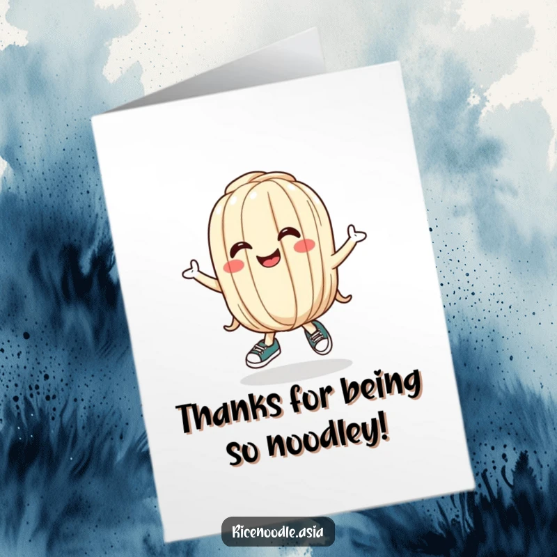 Funny Free Printable Thank You Card: A silly udon noodle with a big grin bounces happily, conveying heartfelt thanks with humor.