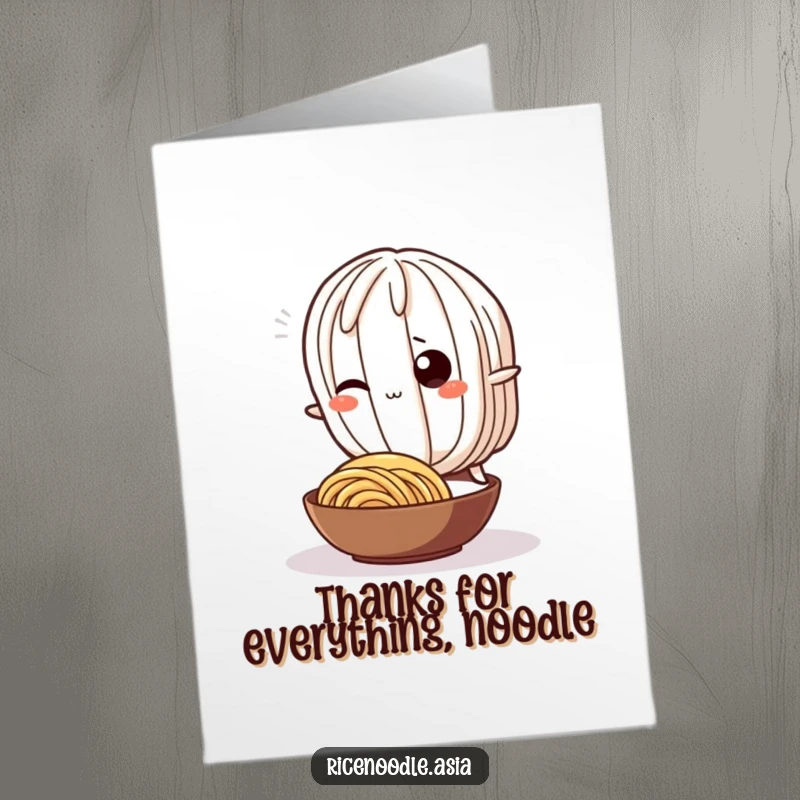 Funny Free Printable Thank You Card: A wiggling rice noodle character hilariously tripping over a smaller noodle, sending thanks with a chuckle.