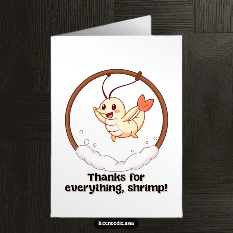 Funny Free Printable Thank You Card: A cheerful tempura shrimp leaps through a hoop of steam, conveying thanks with energetic humor.