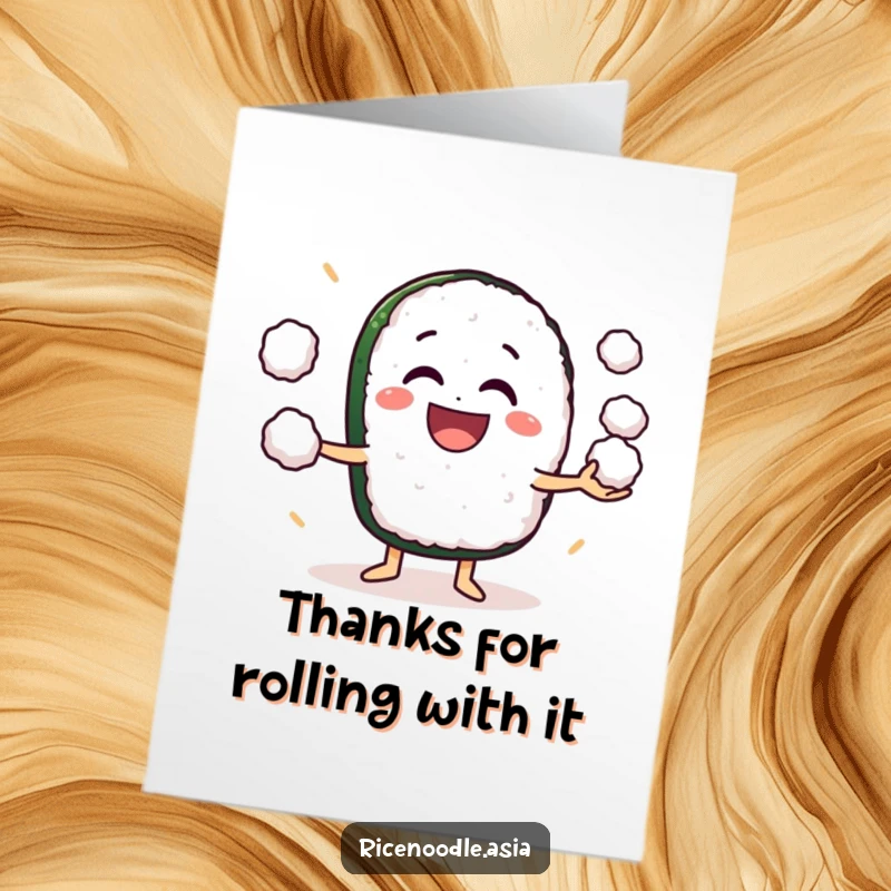 Funny Free Printable Sushi Thank You Card: A grinning sushi roll character joyfully juggling small rice balls, offering thanks with a smile.