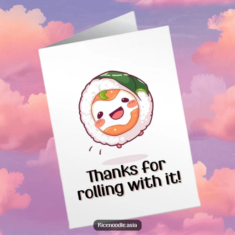 Funny Free Printable Thank You Card: A happy sushi roll performs a cartwheel, its nori wrapper adding flair to this funny thank you.