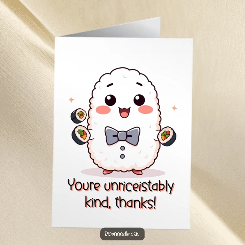 Funny Free Printable Thank You Card: A sticky rice lump wearing a bow tie juggles mini sushi rolls, expressing thanks.