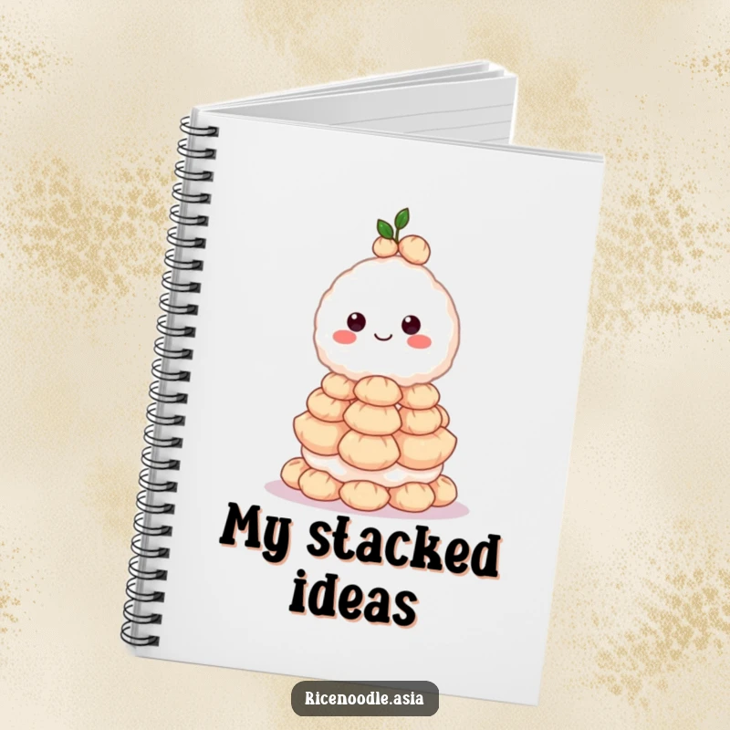 Funny notebook with a grinning rice ball character balancing a tall stack of dumplings on the cover, ready for your notes.