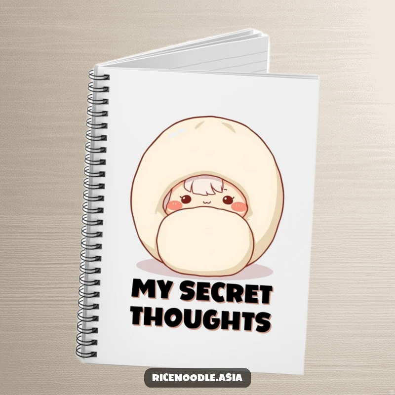 Funny notebook cover showing a shy rice noodle with blush peeking around a dumpling.