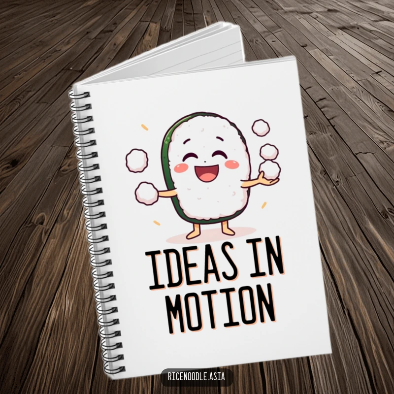 Funny Notebook: A grinning sushi roll character juggling small rice balls with excitement, designed for creative note-taking.