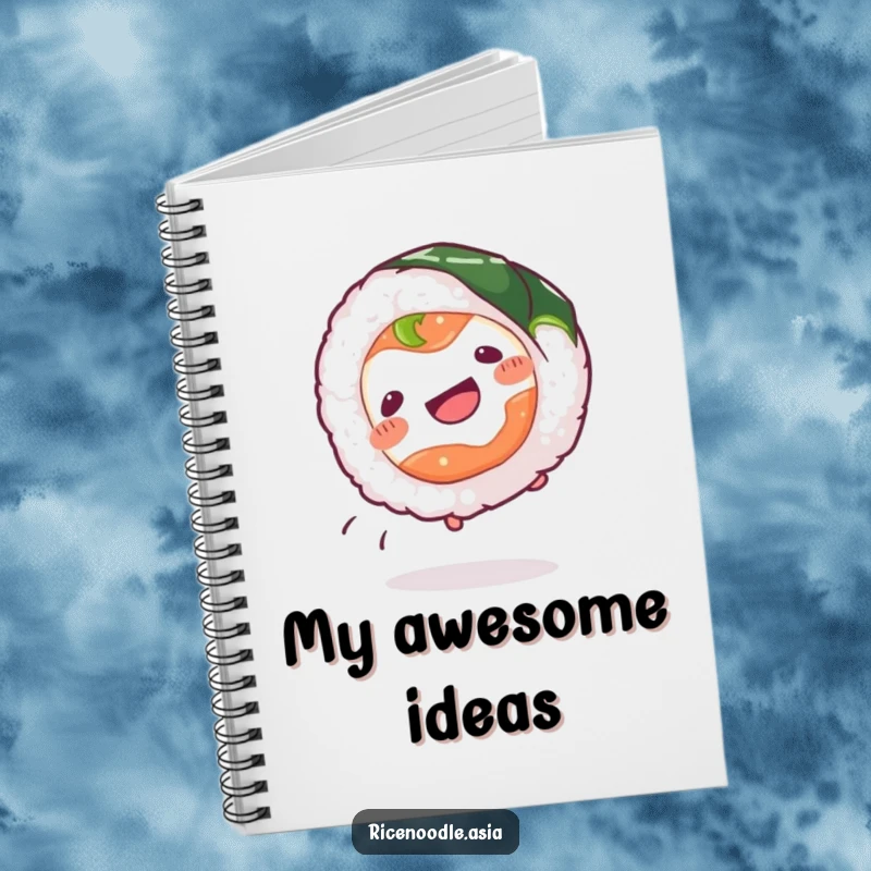 Funny Sushi Roll Notebook with a wiggling sushi roll doing a cartwheel, ideal for jotting notes with a humorous touch.