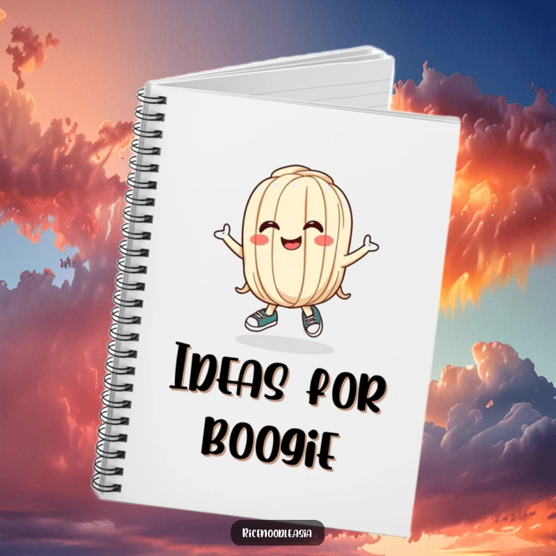 Funny Udon Noodle Notebook with a bouncing cartoon noodle wearing tiny shoes and a silly grin, ideal for jotting notes with humor.