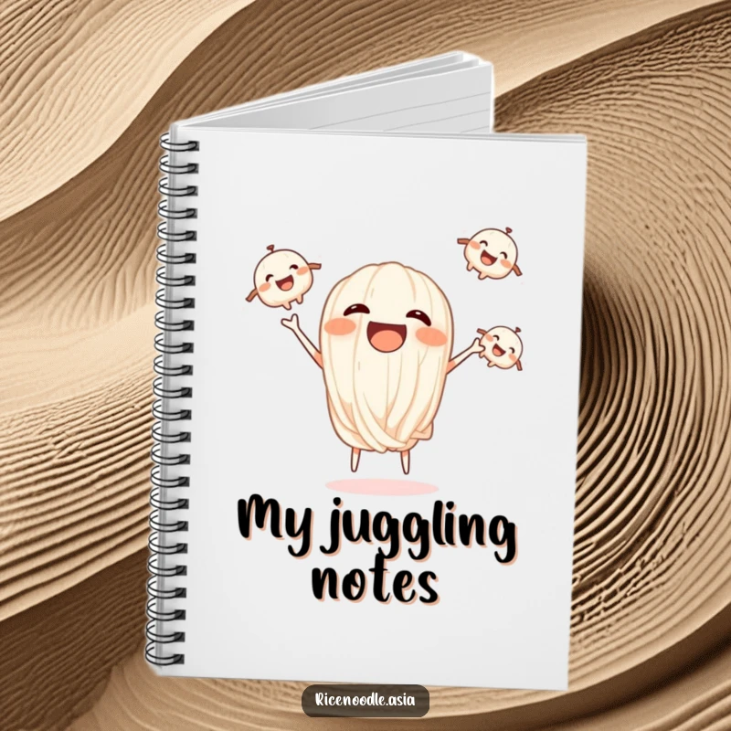 Funny notebook cover with a laughing rice noodle juggling three smaller, smiling noodles.