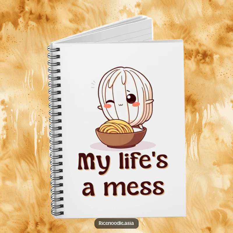 Funny Notebook: A wiggling rice noodle character playfully tripping over a smaller noodle, designed for humorous note-taking.