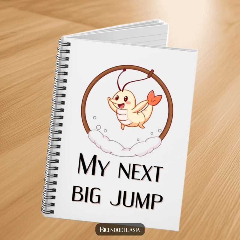 Funny Tempura Shrimp Notebook with a cheerful tempura shrimp leaping through steam, ideal for jotting notes with a humorous touch.