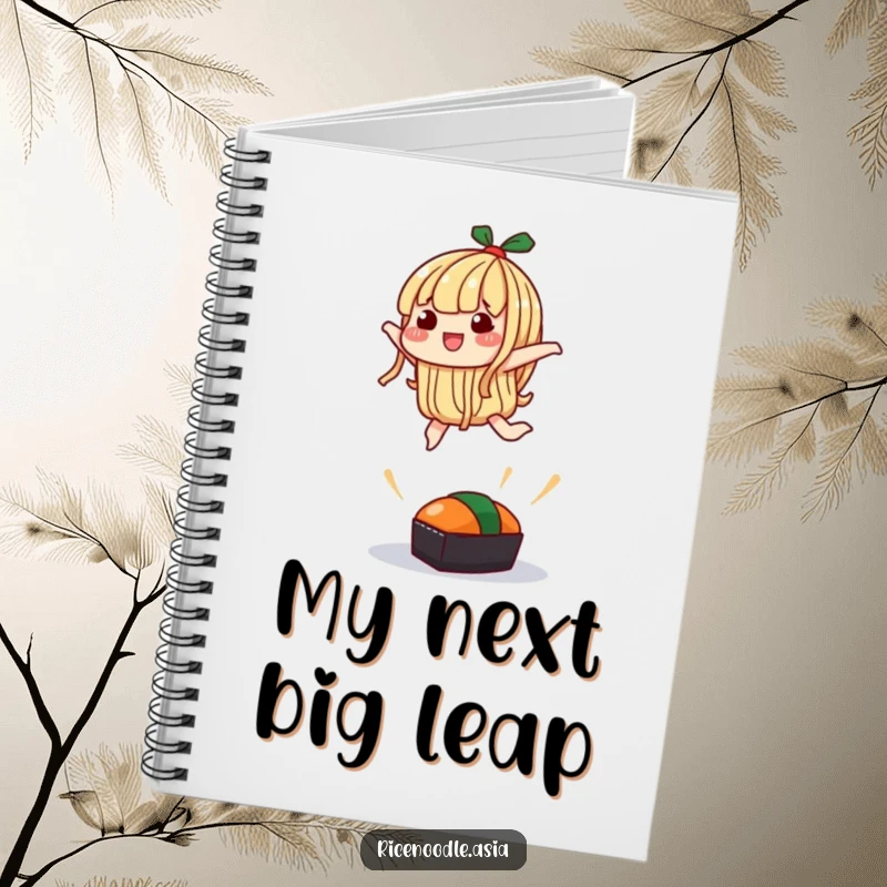 Funny Notebook: A noodle character attempting a silly jump over a small sushi, designed for humorous note-taking.