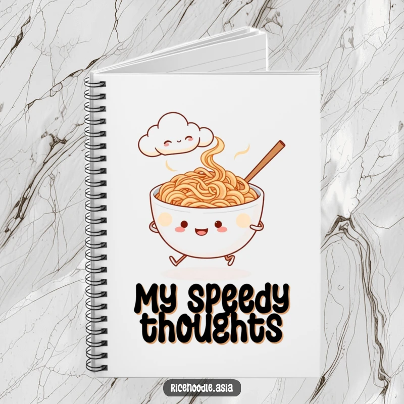 Funny noodle jogger notebook, cover design of a steaming rice noodle bowl with tiny legs running past a smiling cloud, ideal for journaling.