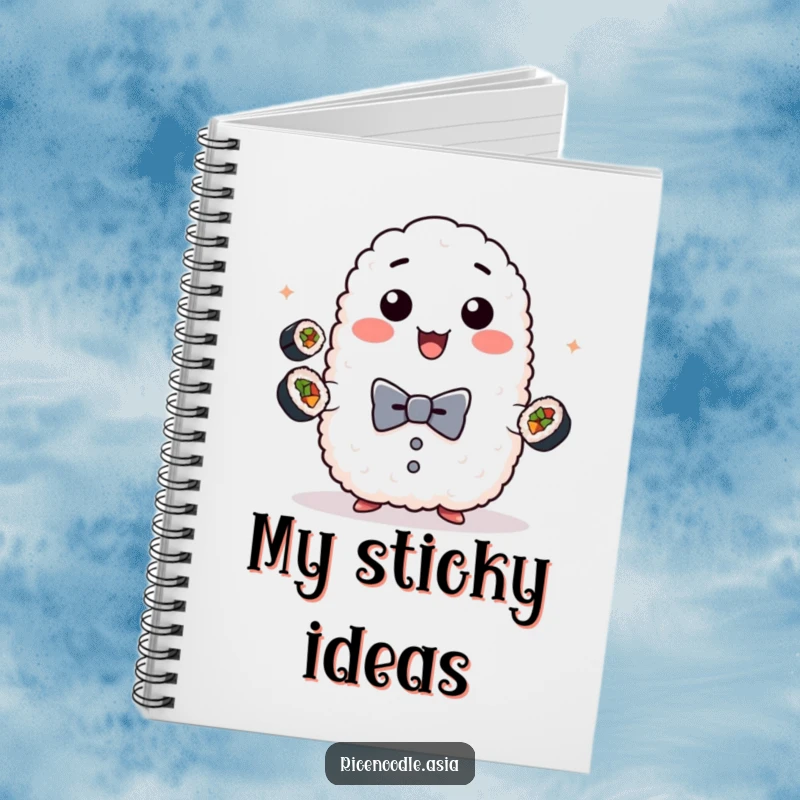 Funny rice ball notebook, cover design of a playful sticky rice lump in a bow tie juggling mini sushi rolls, ideal for journaling.