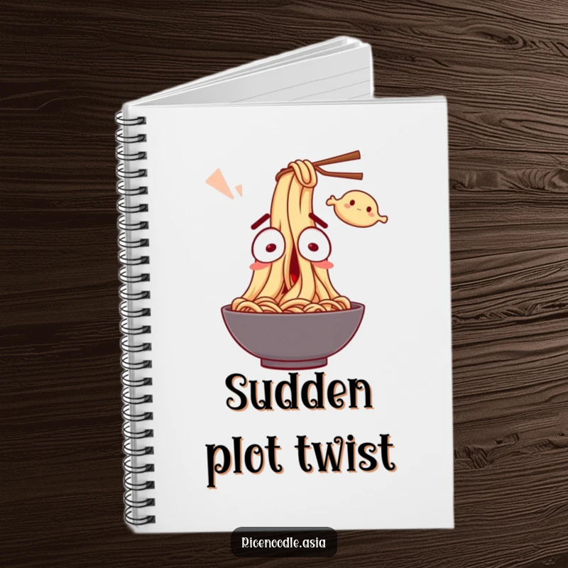 Funny Notebook: A noodle character with wide eyes, startled by a flying dumpling, designed for humorous note-taking.