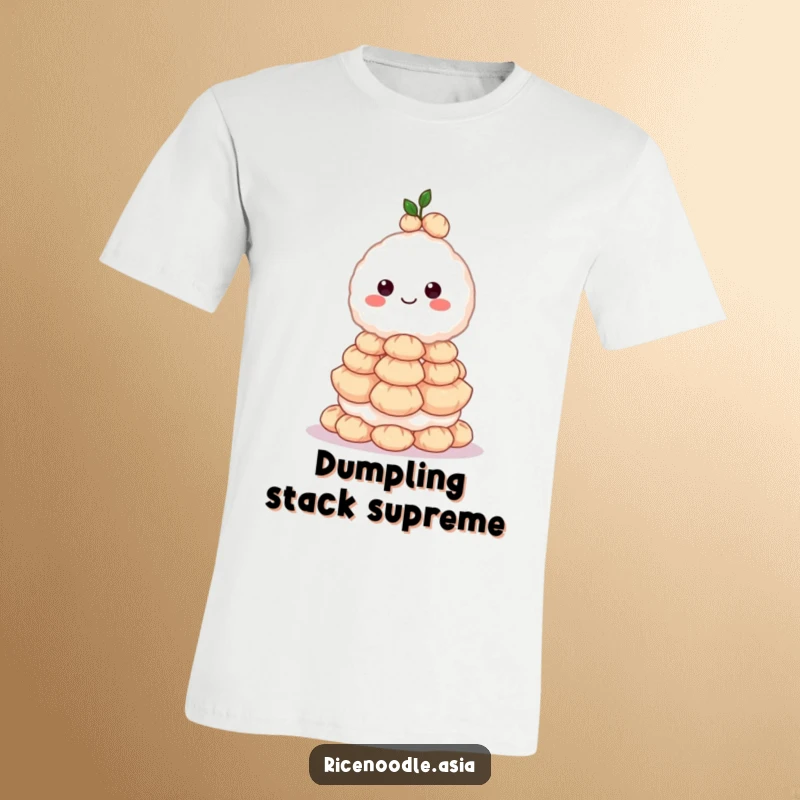 Funny t-shirt design of a grinning rice ball character expertly balancing a massive stack of miniature dumplings, looking quite pleased.
