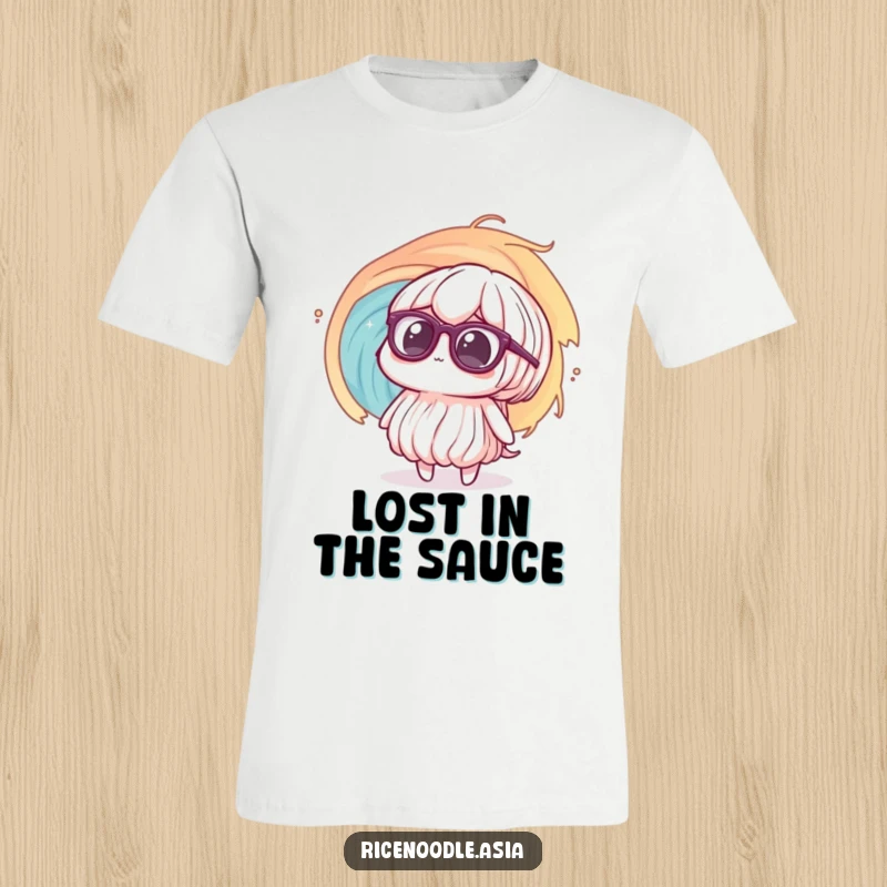 Funny T-Shirt: A rice noodle wearing huge glasses appears confused by a swirling vortex, a design for relatable chaos.