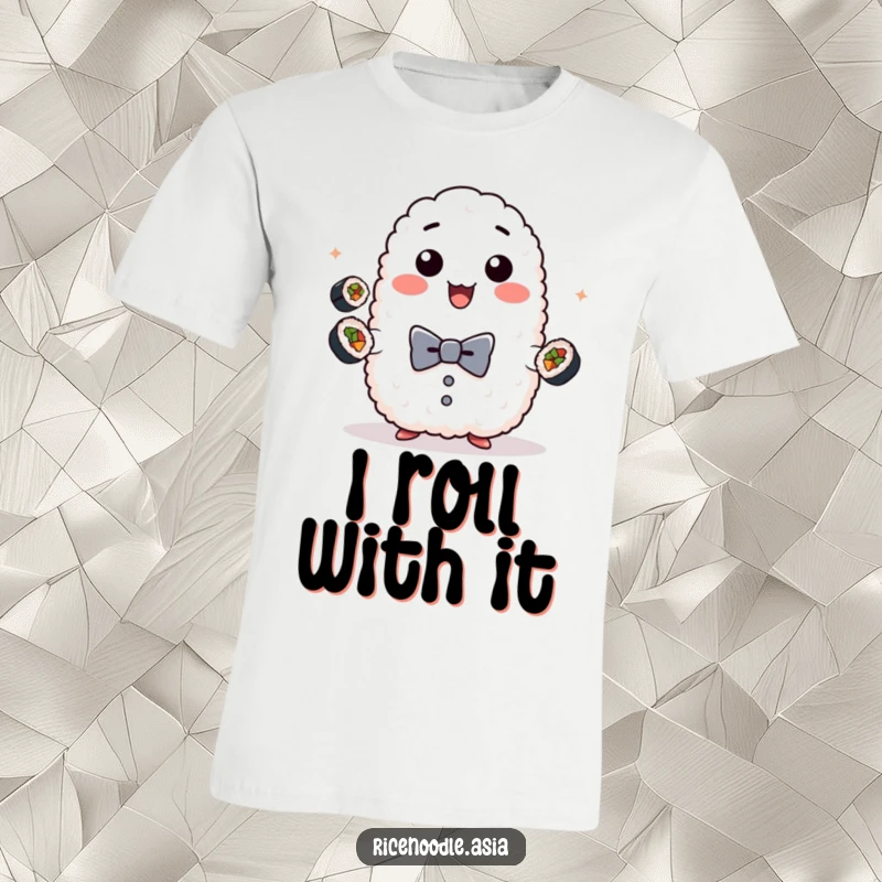 Funny rice ball sushi t-shirt, illustration of sticky rice wearing a bow tie, expertly juggling small sushi rolls.