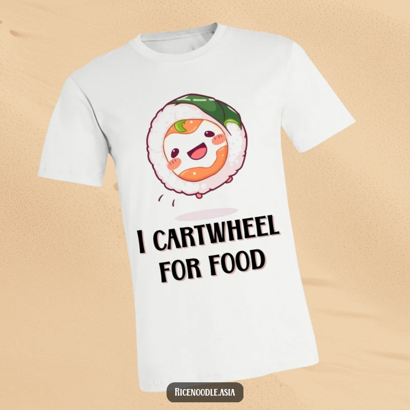 Funny Sushi Roll T-Shirt featuring a wiggling sushi roll joyfully doing a cartwheel, showcasing a dynamic and humorous design.