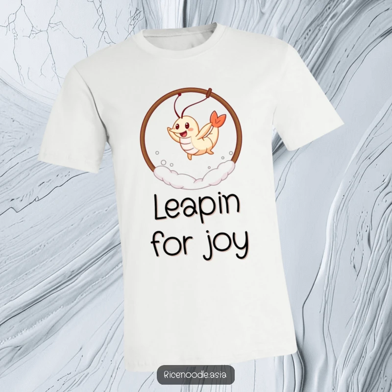 Funny Tempura Shrimp T-Shirt featuring a cheerful tempura shrimp leaping through a hoop of steam, showcasing a dynamic and humorous design.