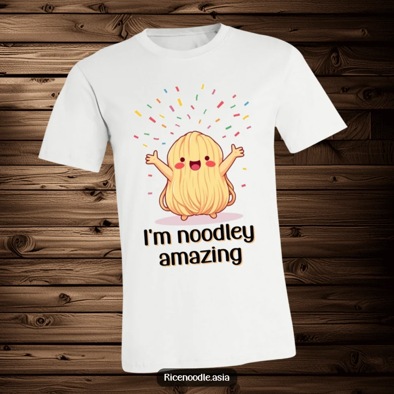 Funny t-shirt showcasing a whimsical noodle bundle with arms wide open, gazing at a festive confetti shower, radiating pure joy.