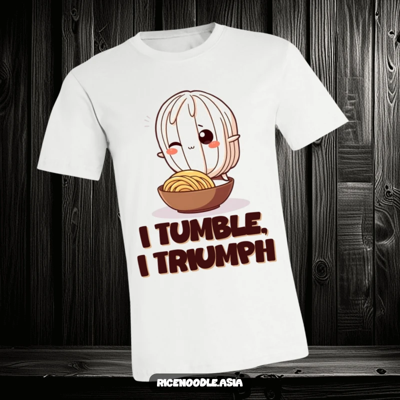Funny T-Shirt: A wiggling rice noodle character comically tripping over a smaller noodle, showcasing pure, lighthearted silliness.