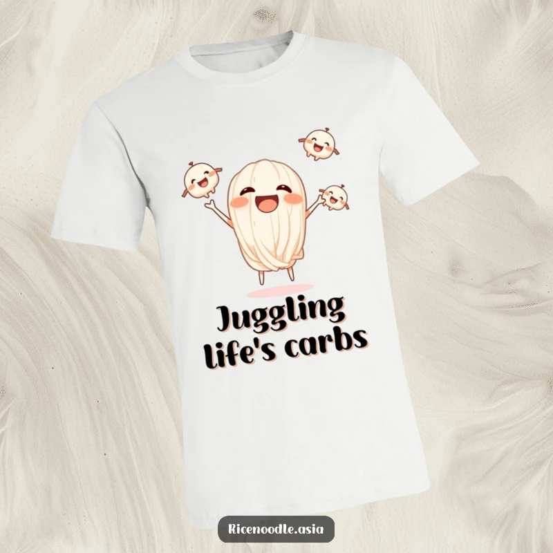 Funny t-shirt design of a laughing rice noodle juggling three smaller, smiling noodles.