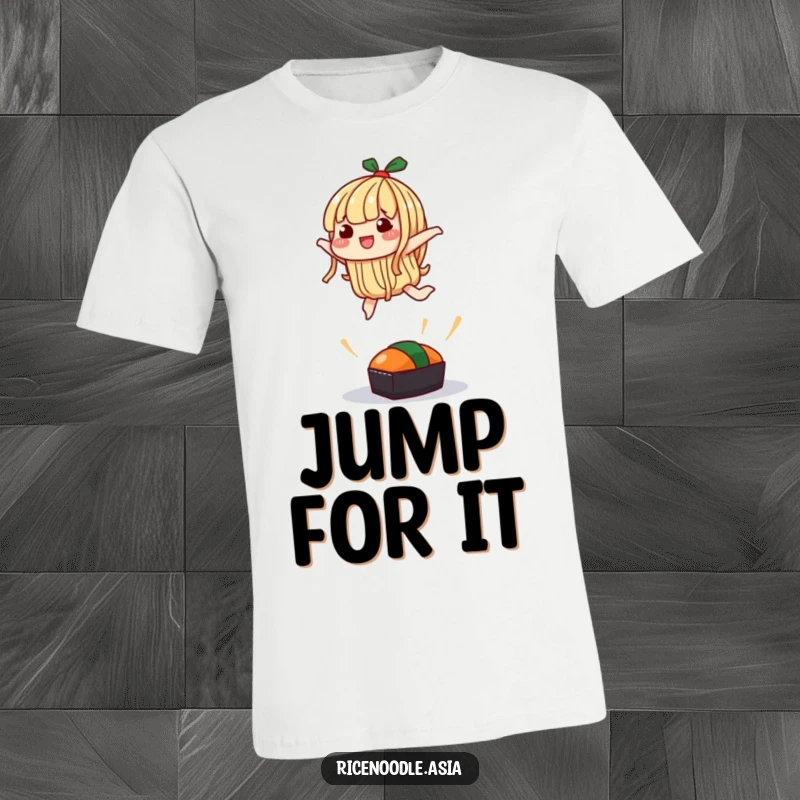 Funny T-Shirt: A noodle character comically leaping over a small sushi, capturing a moment of energetic fun.