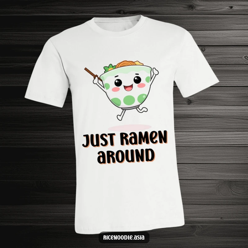 Funny t-shirt design of a happy ramen bowl character in mid-skip, using chopsticks as arms, full of energetic happiness.