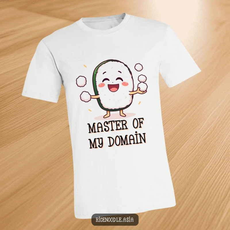 Funny T-Shirt: A grinning sushi roll character excitedly juggling small rice balls, showcasing pure, energetic joy.