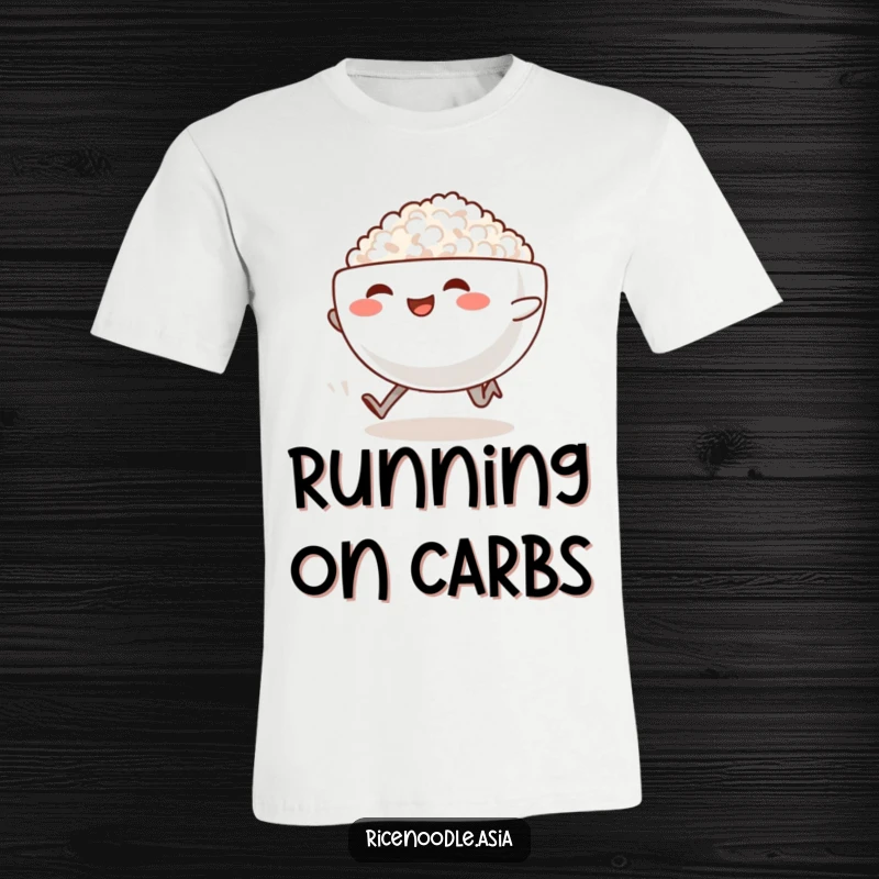 Funny Sprinting Rice Bowl T-Shirt: A smiling rice bowl with little legs sprints, leaving a trail of steam, a funny shirt.