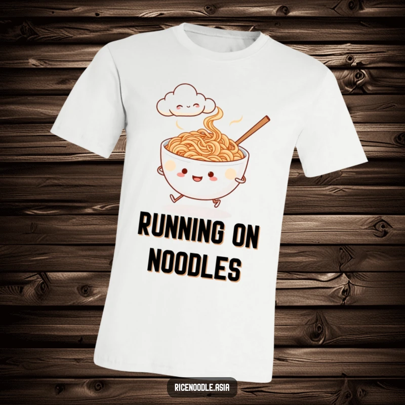 Funny noodle runner t-shirt, illustration of rice noodles with legs jogging alongside a happy stylized cloud.