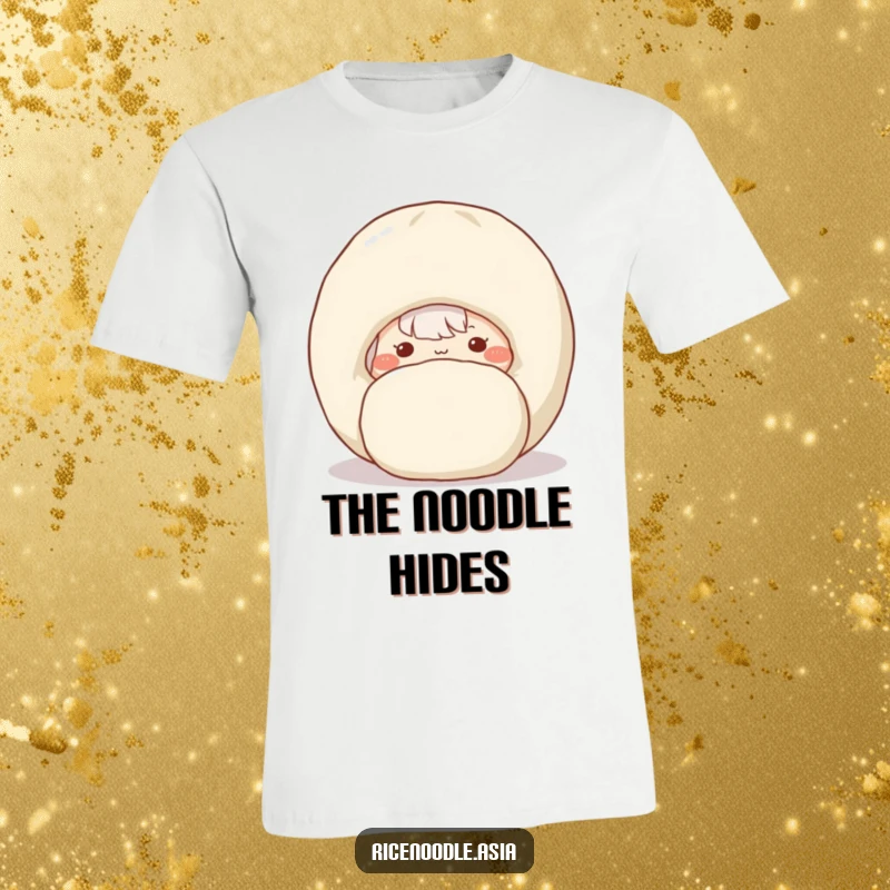 Funny t-shirt with a shy rice noodle, rosy cheeks, peeking from behind a big dumpling.